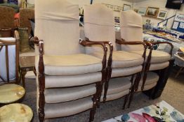 SET OF SIX 20TH CENTURY HARDWOOD FRAMED ARMCHAIRS WITH BEIGE UPHOLSTERY