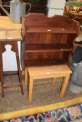 WOODEN JARDINIERE OR POT STAND AND A SMALL GROUP OF SHELVES AND SMALL WOODEN TABLE