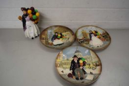 THREE BIDDY PENNY FARTHING ROYAL DOULTON COLLECTORS PLATES TOGETHER WITH A ROYAL DOULTON FIGURE '