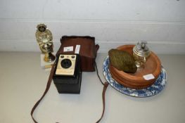 CORONET AMBASSADOR BOX CAMERA IN ORIGINAL CASE, TOGETHER WITH A TABLE LIGHTER, SMALL BRASS PLAQUE