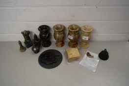 QUANTITY OF ONYX VASES AND OTHER METAL WARES