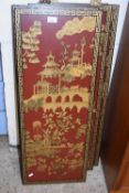 FOUR WOODEN PANELS, ALL WITH CHINOISERIE DESIGNS IN GILT