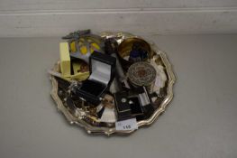 SILVER PLATED DISH CONTAINING METAL WARES INCLUDING AN AA BADGE AND SOME COSTUME JEWELLERY