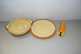 CLARICE CLIFF 'FANTASQUE' BOWL AND STAND AND A CARLTON WARE TOAST RACK