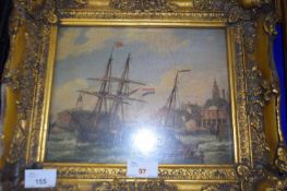 STUDY OF HARBOUR SCENE WITH FRENCH BOAT, OLEOGRAPH IN ANTIQUE STYLE, SET IN A GILT FRAME