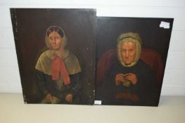 TWO 19TH CENTURY PAINTINGS ON PANEL OF AN ELDERLY LADY AND A VICTORIAN LADY (2)