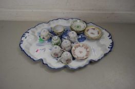 Large Continental porcelain shaped dish with blue and white design together with seven miniature