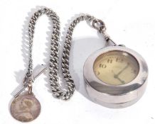 Moeris white metal pocket watch with white metal chain and protective case, white dial with black