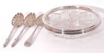 Vintage cut glass hors d'oeuvres dish with four compartments and a sterling marked band, together