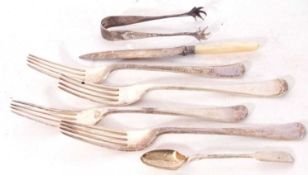 Mixed Lot including heavy group of four Old English pattern table forks, Sheffield assay, small pair