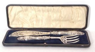 Cased pair of silver fish servers, each pierced with foliate and floral engraved decoration