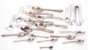 Collection of 17 Victorian and later various small sized spoons and a pair of sugar tongs, total