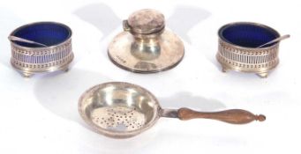 Mixed Lot: Small silver encased capstan inkwell, 6.5cm diam, Birmingham 1913, a 'sterling' treen