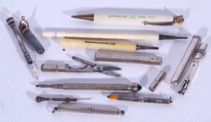 Small collection of pens, pencils etc including a 'silver' 'Seamless Tube' folding pen by Arnold &