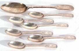 Set of six George V bright cut and Fiddle pattern tea spoons, London 1926 by Charles T Maine,