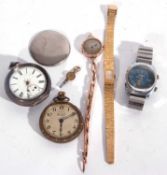Mixed Lot: two pocket watches and a gents alarm wrist watch, and two ladies watches, one having a
