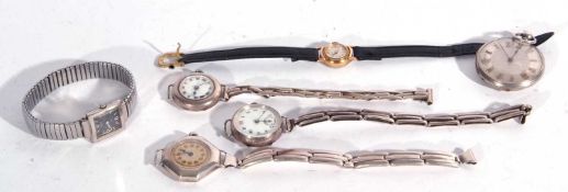 Mixed Lot: five wrist watches and a white metal pocket watch, stamped on case back 'Fine Silver',
