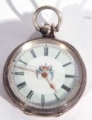 Last quarter of 19th century ladies white metal pocket watch, stamped on case back 0.935, enamel
