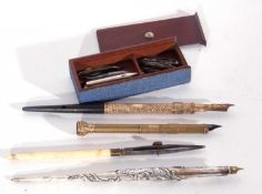 Mixed Lot of writing related items including Chinese silver encased nib pen with entwined dragon (?)