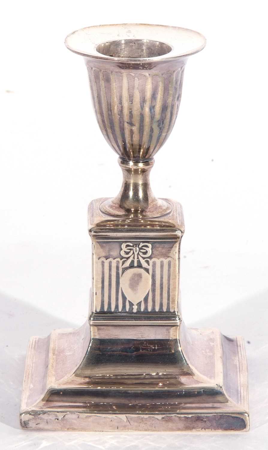 Edwardian period single loaded base candlestick with fluted square column and integral sconce, - Image 2 of 2