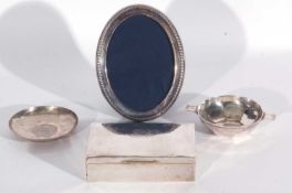 Mixed Lot: small rectangular silver mounted cigarette box with slightly domed and hinged lid bearing