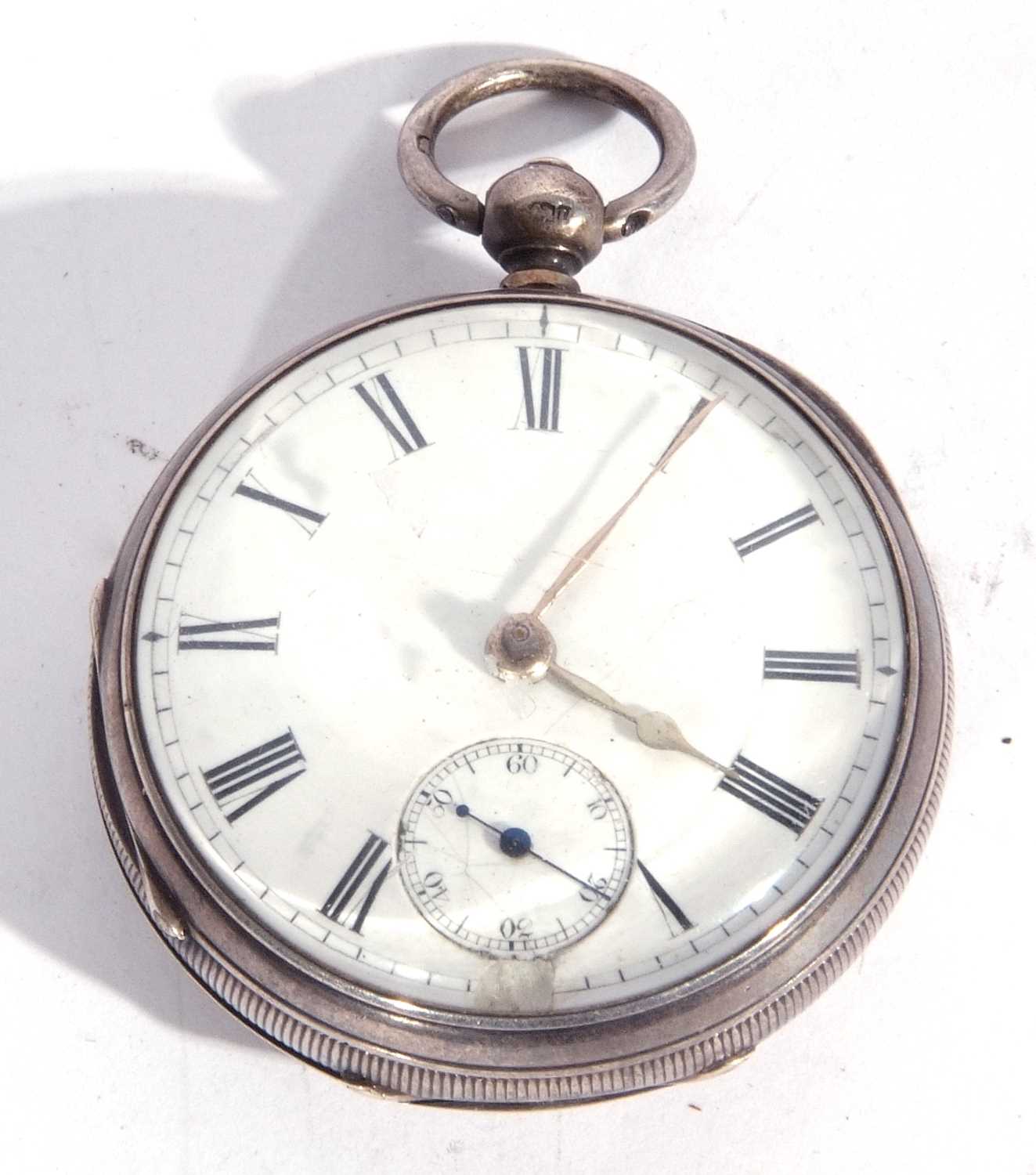 Silver pocket watch with white enamel dial, featuring a sub-second dial and Roman numeral hour