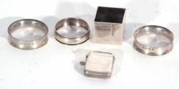 Mixed Lot: heavy square napkin ring, Chester Jubilee hallmark for 1935, pair of slim capstan style
