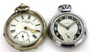 Two pocket watches including an Ingersoll and a Liverpool Rodium Lever watch. The Ingersoll has a