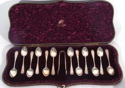 Cased set of 12 late Victorian Scottish coffee spoons and matching sugar tongs in Hanoverian
