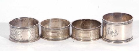 Group of four hallmarked napkin rings, (including a pair) Birmingham 1928, total wt 58gms (4)