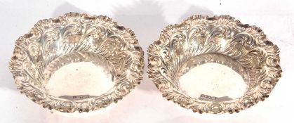 Pair of late Victorian shaped circular embossed bon-bon dishes with plain centres, 12cm diam, London