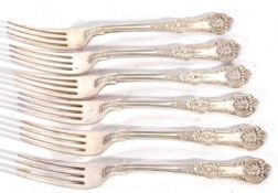 Set of six Edwardian dessert forks in double-struck Kings pattern, London 1903 by Johnson Walker &