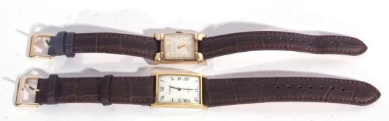 Two wrist watches, Bulova and Le Cheminant. The Bulova features a gold plated case, a white dial