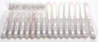 Eight pairs of Elizabeth II silver handled fish knives and forks in Kings pattern, the blades