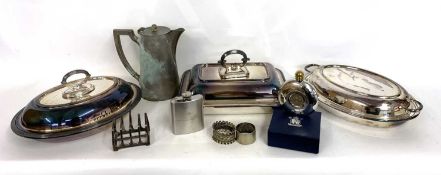 Box of various plated wares to include entree dishes, bottle holders, mother of pearl handled knives