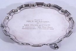 Mid-20th century silver plated presentation tea tray of circular form with 'Chippendale' rim and