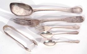 Mixed Lot: Georgian table spoon and dinner fork, (both a/f), plus hallmarked sugar tongs, child's
