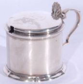 Victorian (Georgian style) large drum mustard with shell thumb piece to the hinged lid, scrolled