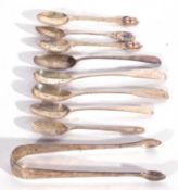 Mixed Lot: two antique Irish Fiddle pattern salt spoons, two Georgian tea spoons, four others and