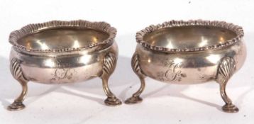 Two George III cauldron salts with gadrooned rims, London 1780/1, 6cm diam, total wt 96gms (2)