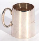 Small christening tankard of plain tapering cylindrical form, hollow looped handle, presentation