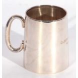 Small christening tankard of plain tapering cylindrical form, hollow looped handle, presentation