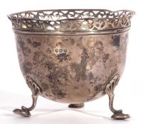Late Victorian cauldron sugar bowl with pierced rim and supported on three shell and hoof feet (