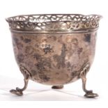 Late Victorian cauldron sugar bowl with pierced rim and supported on three shell and hoof feet (