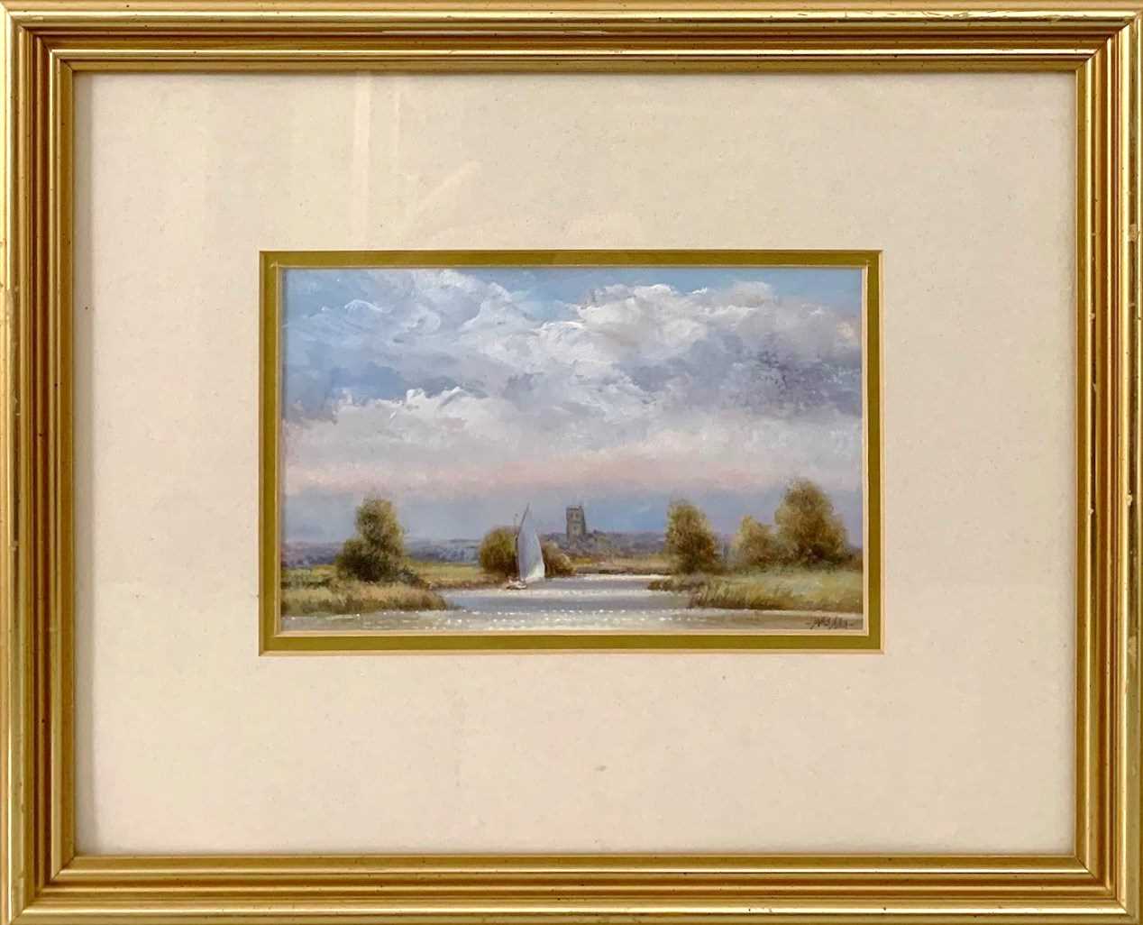 James J. Allen, (British, contemporary) Rain Clouds over Beccles, oil on board, signed, 7x4ins,