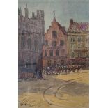 Charles Hannaford (British, 20th century), "Corner of The Grand Place Bruges" (central market