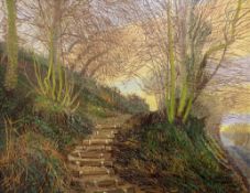 Maurice Shepphard PPRWS RCA "The Wooden Ladder Steps -To The Wood-Crowhill", oil on board, framed