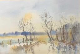 Ronald Crampton (British, 20th century), "Winter Light, Hoveton Fen, Norfolk", watercolour,