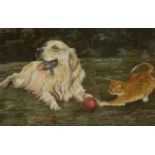 E.Fensom (British, contemporary), A Golden Retriever dog and cat at play, chromolithograph,