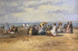In the manner of Eugene Boudin (French, 19th century), Beach at Trouville, oil on board, unsigned,